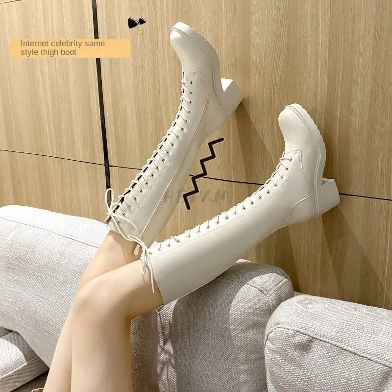 2023 New Thicken Winter Knight Boots Women Knee High Long Square Heel Boots Retro Thick Motorcycle Boots Black White Shoes