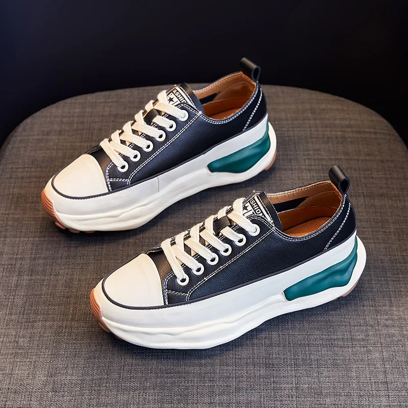 Lace Up Thick Sole Shoes Cow Leather White Sneakers Women Genuine Leather Sports Shoes Chaussures Décontractées En Cuir De Vache