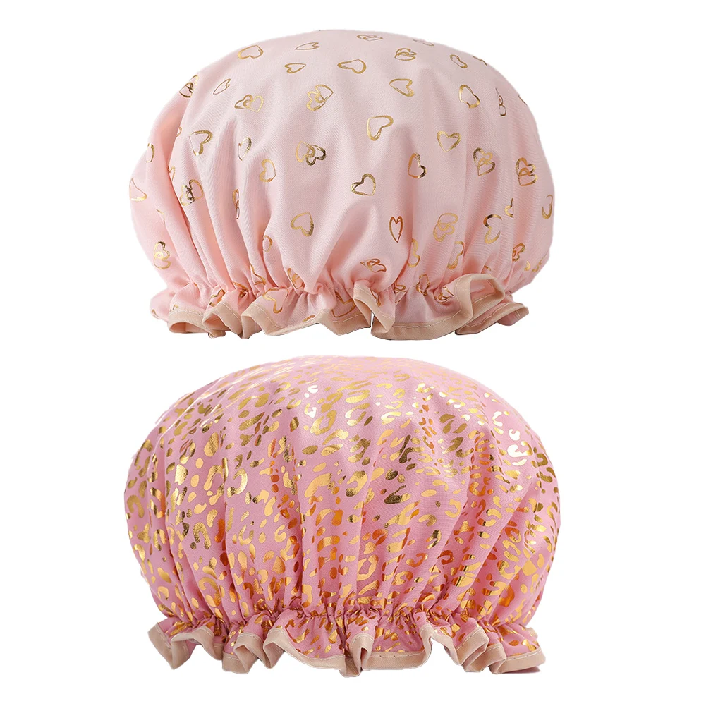 

2pcs Bathroom Double Layer Home Kitchen Printed Cute Fashionable Cooking Waterproof Reusable Shower Cap For Women Elastic Band