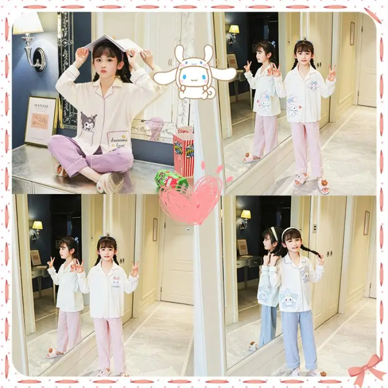 

Sanrioed Kids Pajamas Kawaii 2 Piece Set Soft Cotton Long Sleeve Pants Home Clothes Anime Kuromi Cinnamoroll Cute Girls Gifts