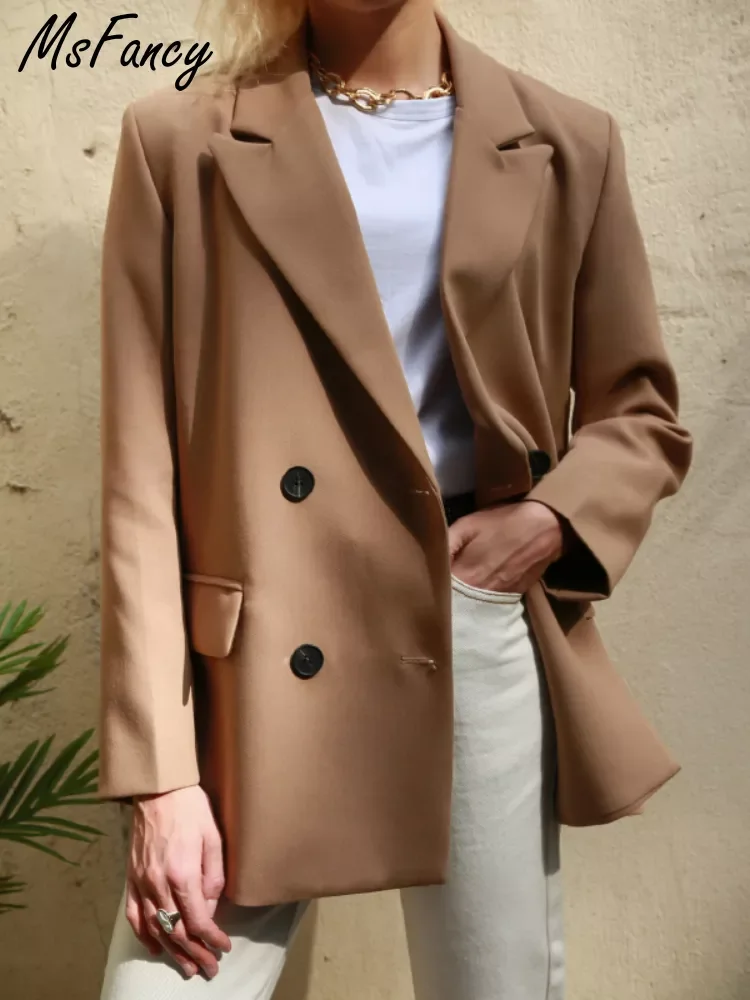 

Msfancy Brown Blazer Women 2022 Double Breasted Oversized Suits Traf Spring Official Ladies Long Sleeve Mujer Vestido