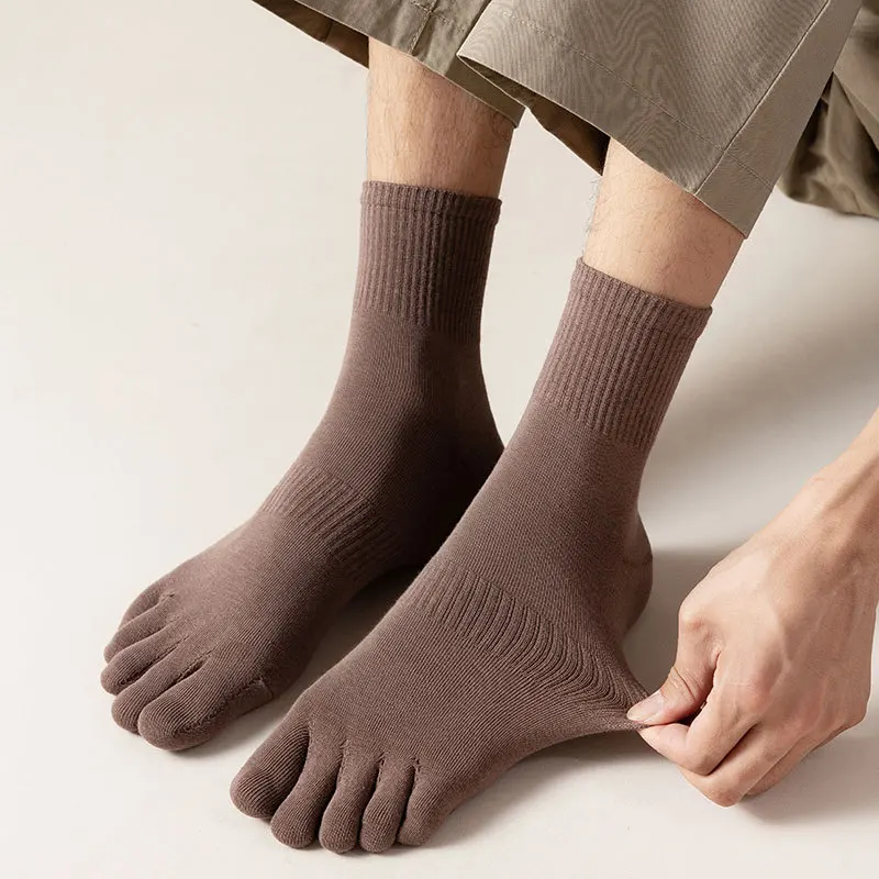 New Five Finger Men's Pure Cotton Breathable and Sweat-absorbing Medium Sleeve Socks Solid Color Split Finger Socks