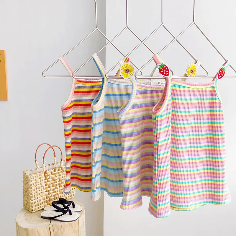

Baby Girls Camisoles Kid Striped Singlet Tank Top Summer Cotton Colored Underwear Children's Cartoon Printed Sleeveless Vest