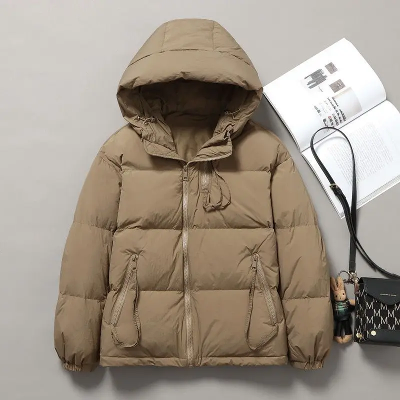 2023 New Winter Hooded Thickening Jacket Women Buttons Pockets White Duck Down Short Warm Coat Outwear Femme Tops Down M57