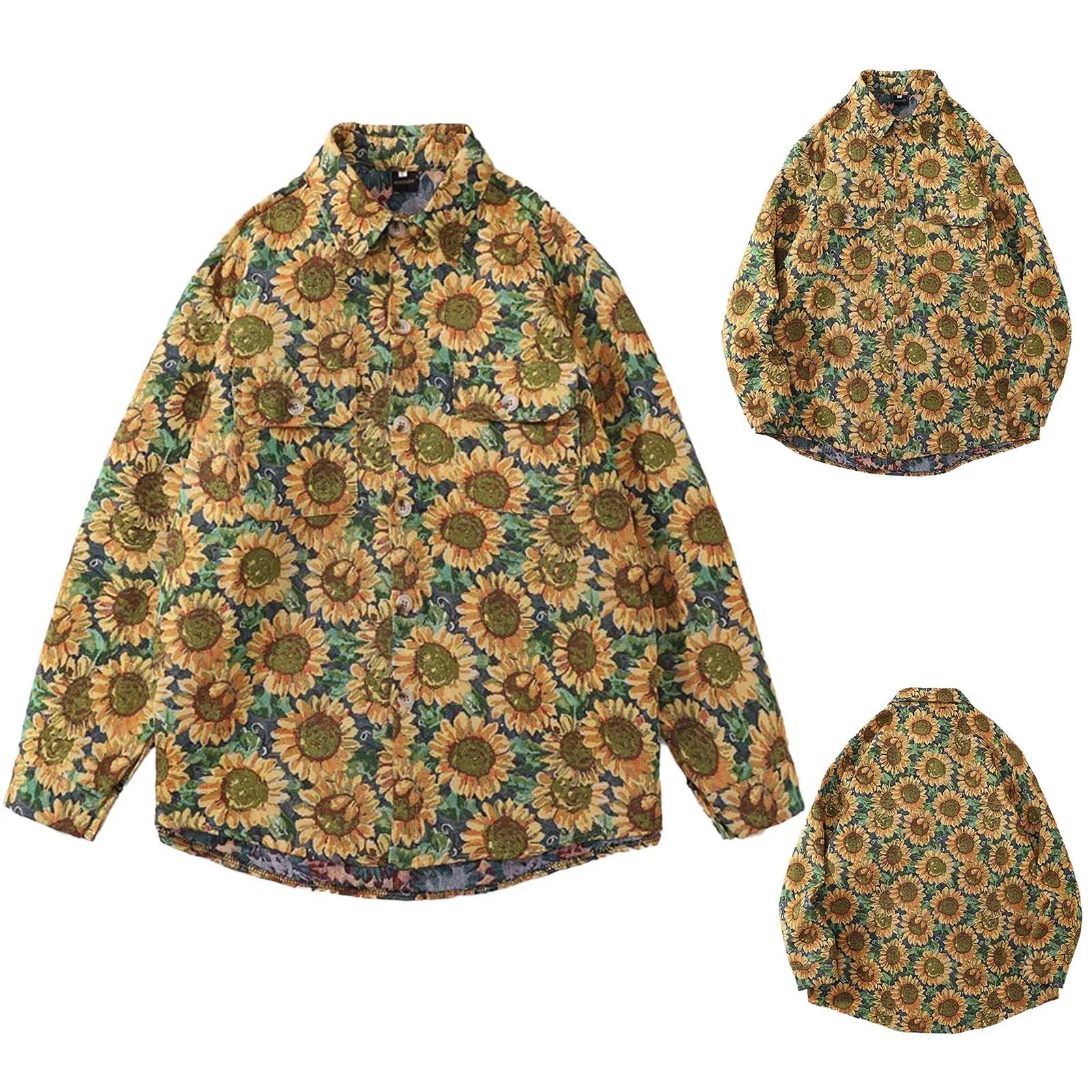 Casual Print Sunflower Shirt Jackets Thick Winter Geometric Pattern Long Sleeve Flannel Shirt Hip Hop Streetwear Harajuku Shirts