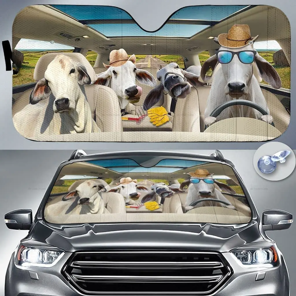 

Brahman CattleFamily Driving On Summer Dog Lover Car Sunshade Windshield Window, Gift for Farm Car Windshield Auto Visor