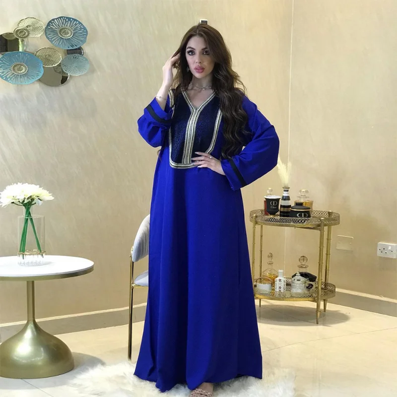 Muslim Fashion Dress Southeast Asia Lace V-Neck Temperament Middle East Moroccan Kaftan Abaya Kimono Islamic Clothing Jalabiya