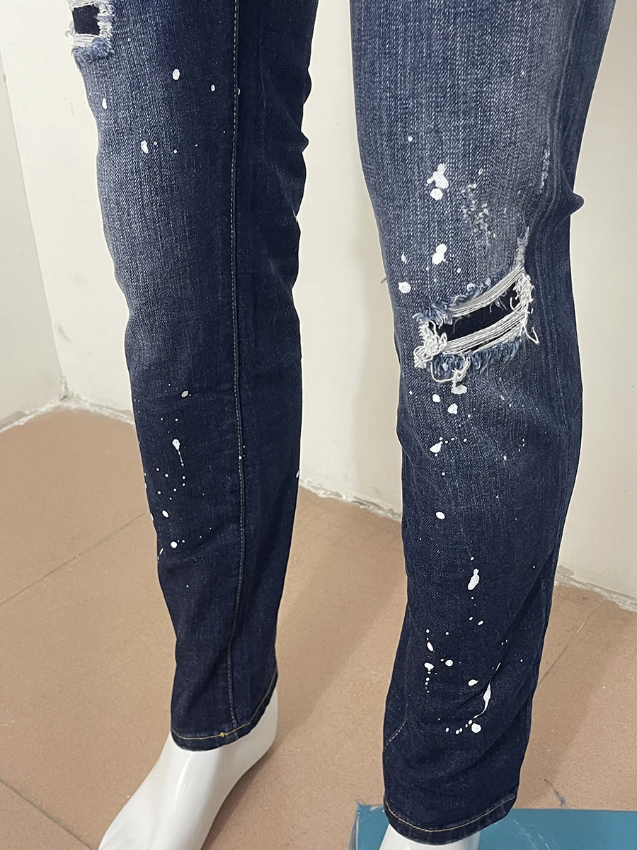 2023 new jeans three-dimensional cut D2 Men's jeans dark blue slim-fit little bullet worn edge casual trend