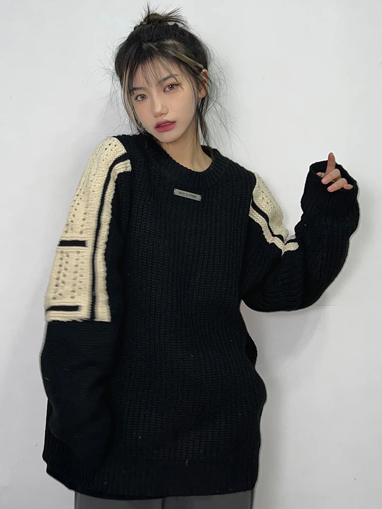 

AMEKAJI Original Color Contrast Harajuku Crew Neck Women and Men Loose Sweater Knitting Couple BF Hip Hop Casual Top Pullover