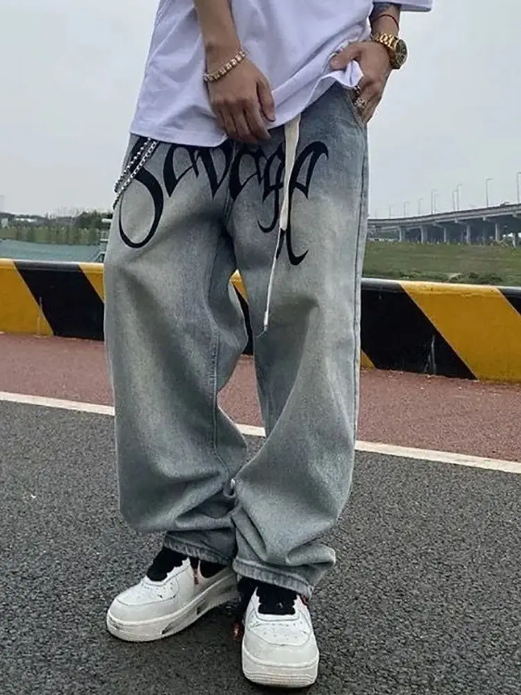 

Джинсы унисекс мешковатые в уличном стиле, свободные штаны с надписью, прямые штаны в стиле хип-хоп, готические женские джинсы в стиле ретро,...