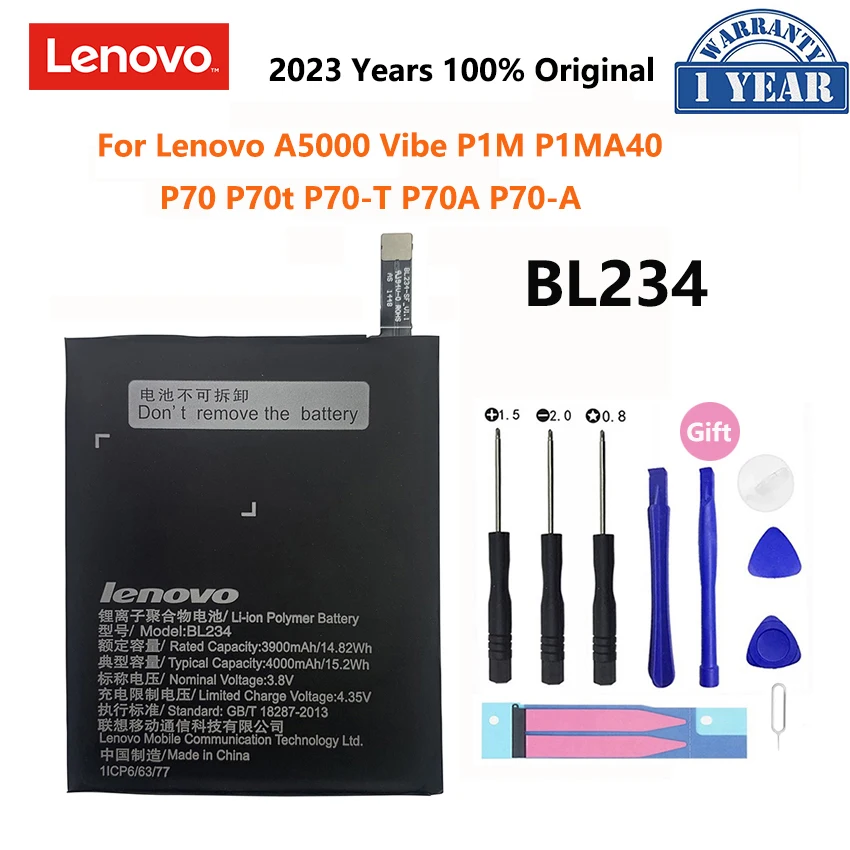 

100% Original Full 4000mAh BL234 BL 234 BL-234 battery For Lenovo A5000 Vibe P1M P1MA40 P70 P70t P70-T Mobile Phone Battery