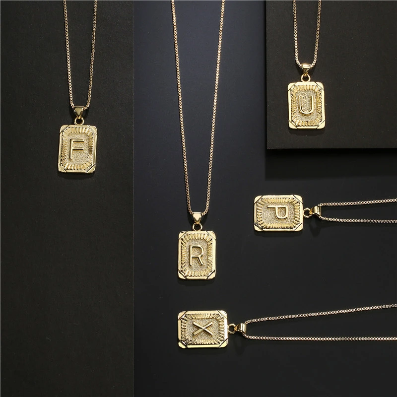 

26 English Initial Letter Capital Pendant Necklace Square Real Gold Hip Hop Double Sided Casting Jewelry For Woman and Man New