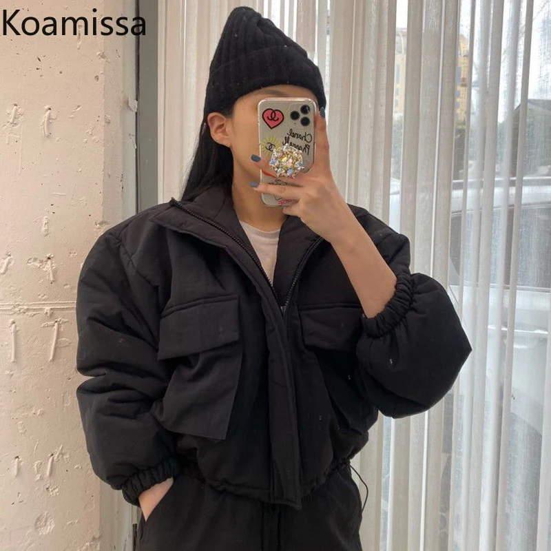 Koamissa Korean Fashion Stand Collar Parkas Women Thick Warm Winter Short Puffer Outwear Female Pockets Zipper Down Jacket Coat