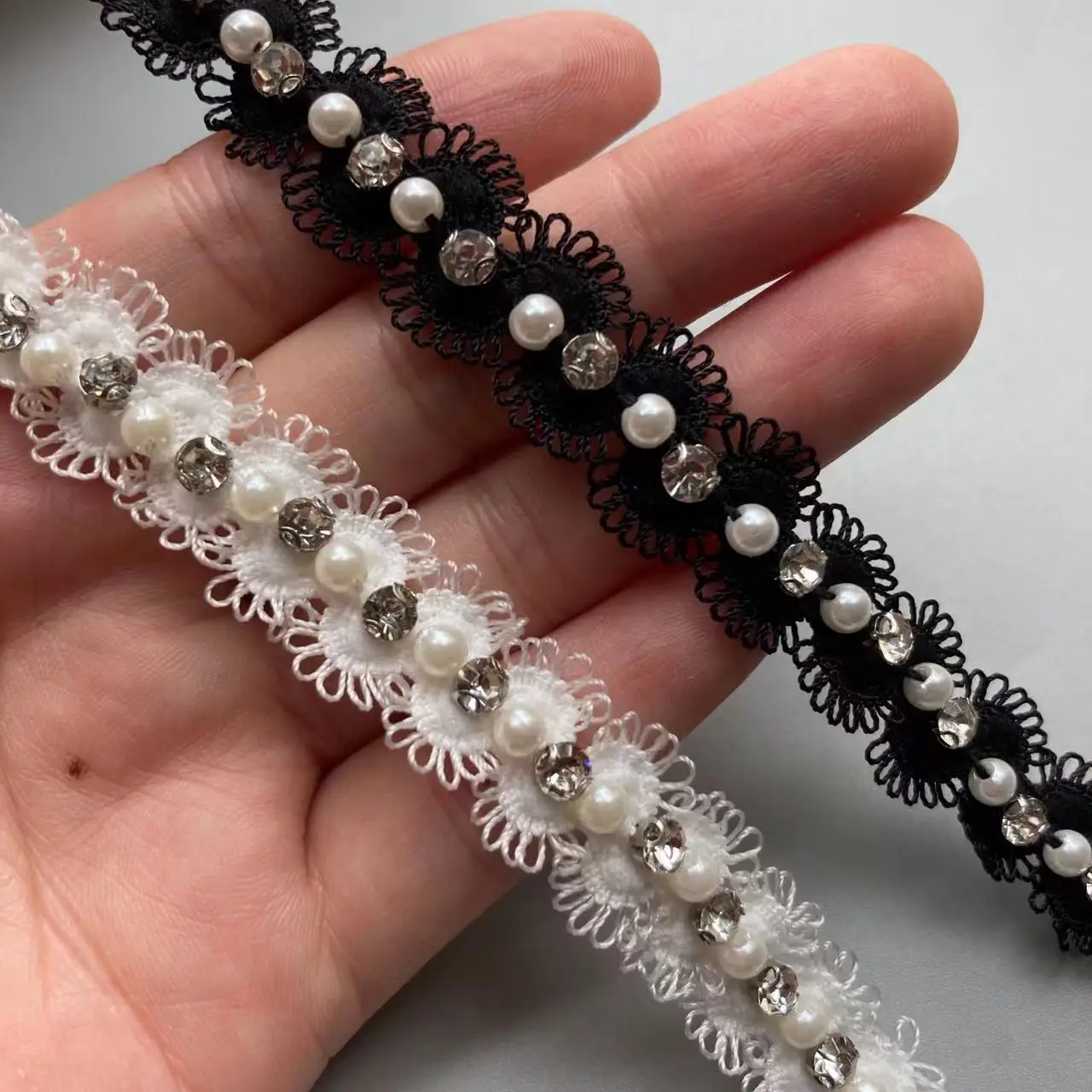 1 ярдов/партия 15 мм жемчужные бусины эластичные белые черные кружева отделка для