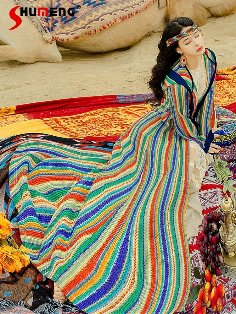 

2022 Spring Travel Clothes Female Beautiful Cloak Long Dress Loose Rainbow Striped Vintage Thin Long Sleeve Dresses Wholesale
