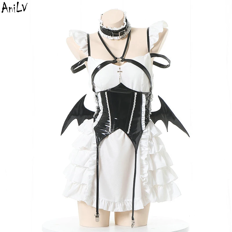 

AniLV 2022 Halloween Women Demon Bat Wing Devil Unifrom Cosplay Cute Girl Anime Witch Dress Outfits Costumes