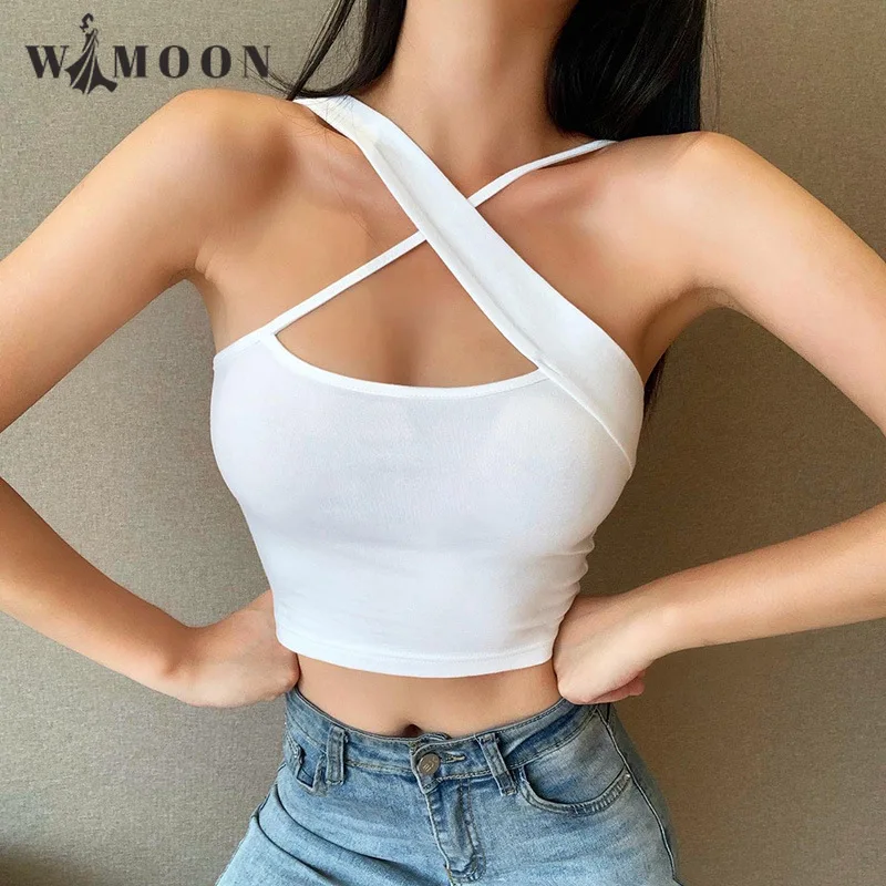 

Кроп-Топ женский однотонный асимметричный с перекрестными бретелями, на лето