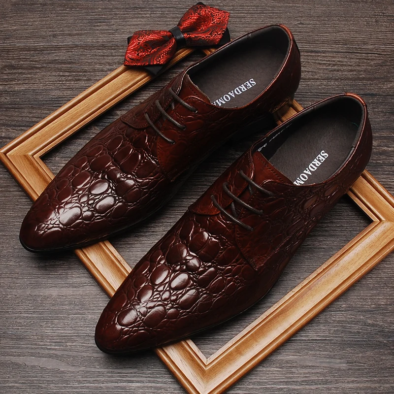 

Crocodile Pattern Men Designer Dress Shoes Pointy Wedding oxford Shoe Men Genuine Leather Black Burgundy Lace Up Formal Shoe Men