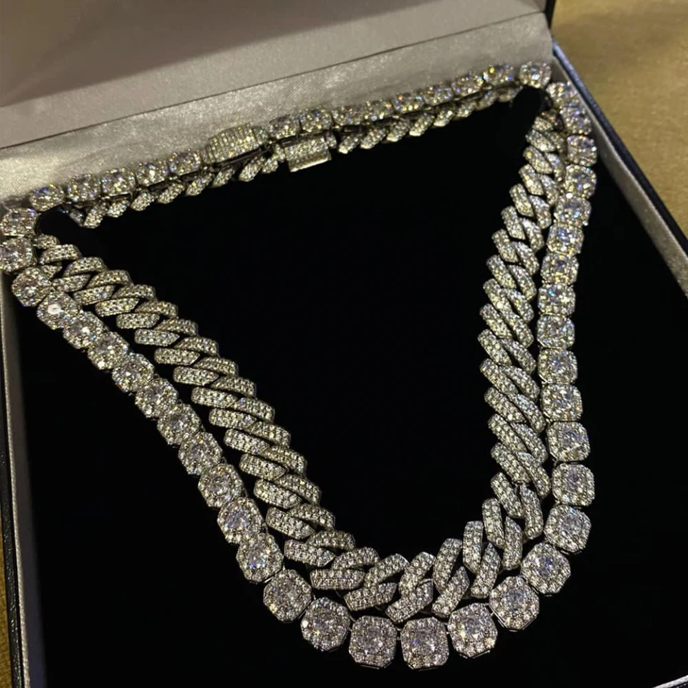 

Iced Out Bling Rhinestones Paved Cuban Link Chain Tennis Necklace Women Men 13/14MM Prong Rapper Necklace Hip Hop Rock Jewelry