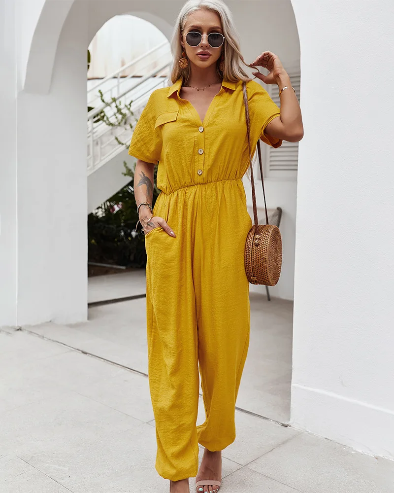 2023 Woman Bohemian Jumpsuits Sexy V Neck Streetwear Blue Yellow Solid Colors Short Sleeve Jumpsuits Plus Size Aesthetic Clothes