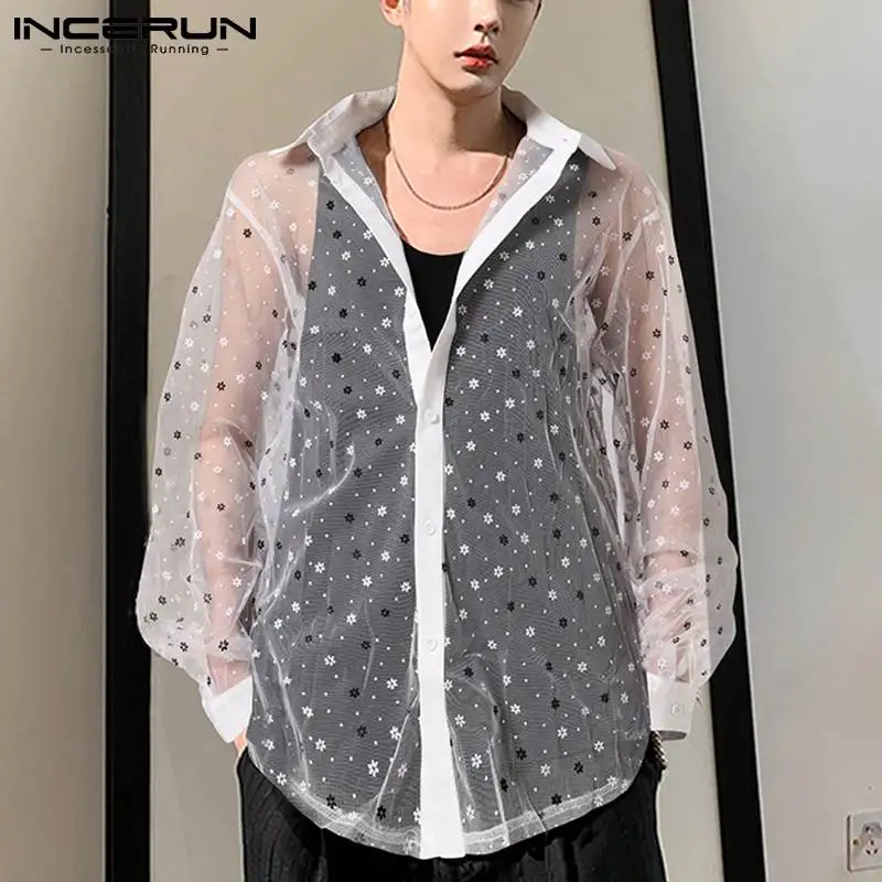 

Korean Style Fashion Men Shirt 2022 Sexy See-through Mesh Long Sleeve Lapel Party Nightclub Shirts INCERUN Streetwear Blouse 5XL