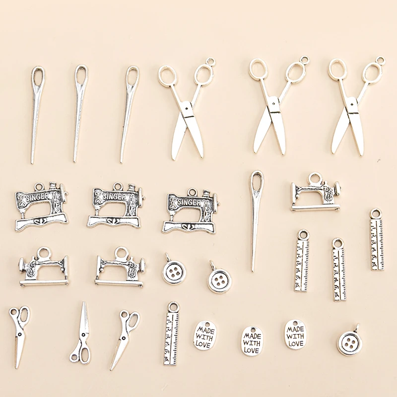 

New 26pcs/lot Antique Silver Color Alloy Needle Scissors Charms Pendant DIY Bracelet Necklace for Jewelry Making Accessories