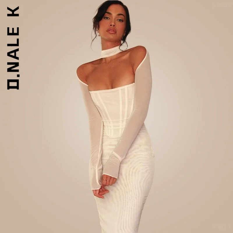 

D.Nale K Double Layers Mesh Long Sleeve Bodycon Midi Dresses Sexy Dress Women 2022 Strapless Solid Elegant Party Clubwear