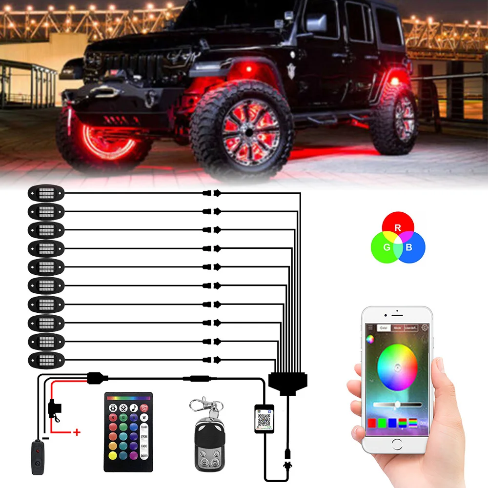 

Bluetooth App Control Car Accessories RGB Rock Music Lights DIY Multicolor 12V Underbody Neon Atmosphere Lamps 8/10 Pods LED