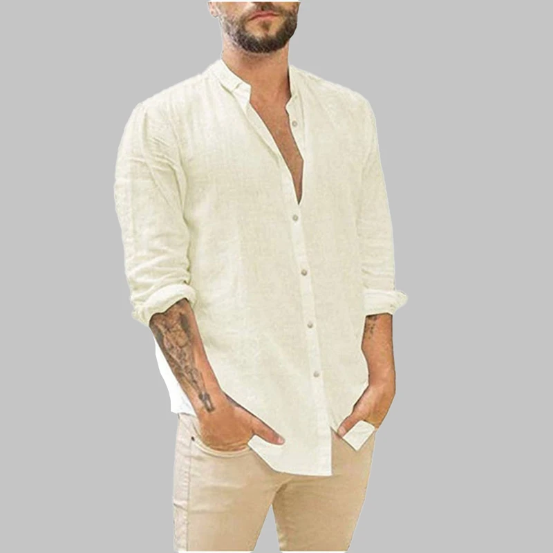 

Cotton Linen Shirt Men Loose Top Long Sleeve Shirt Solid Color Stand-Up Collar Casual Beach Style Plus Size Beach Style