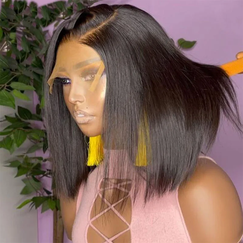 12-дюймовый парик Lace Front Wig со средним пробором Cut Short Bob Straight плотностью 180%, без клея, с боковым пробором, для черных женщин с ребристыми волосами и естественной линией роста волос.