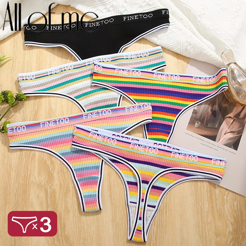 

3PCS/Set Rainbow Colorful Striped Cotton Women Panties Sexy G-String Underwear Femme Finetoo Band Thong Intimate T-Back Lingerie