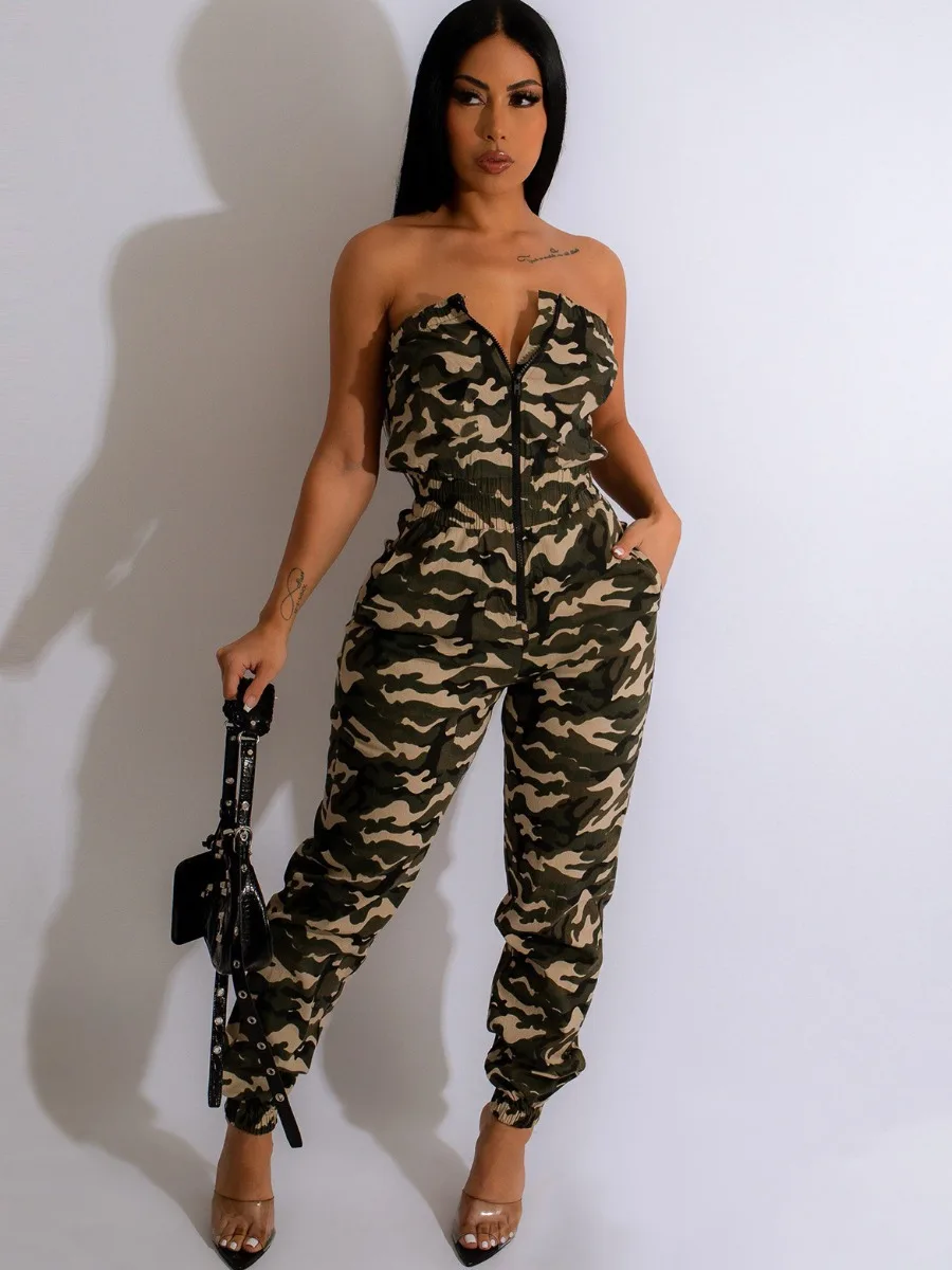 LW Zipper Design Camo Print Cargo Jumpsuit Sexy Sleeveless Women Camouflage Printed Jumpsuits 2023 NEW women's clothing Jumpsuit