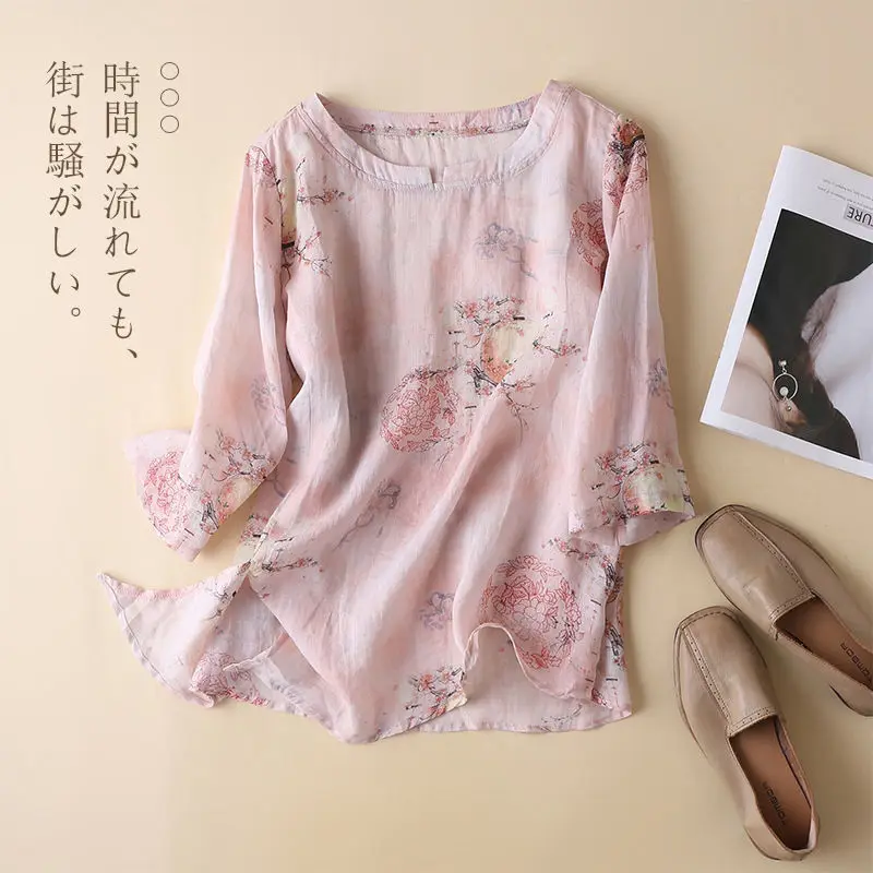 

Summer Vintage Floral Print Three Quarter Sleeve Shirt Top Women 2022 New Loose Breathable Slim Literary Retro Blouse Clothing