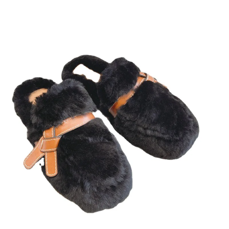 Autumn and Winter 2022 Wool Slippers Plush Fur Shoes Lamb Wool Semi Slippers Home Designer Mules Cotton Loafers Femmes Slides