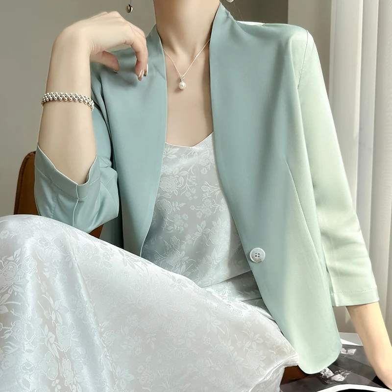 Three-Quarter Sleeve Acetic Acid Satin Small Suit Jacket Women's Summer Thin Suit Jacket High-Grade Casual Jacket Sleeve