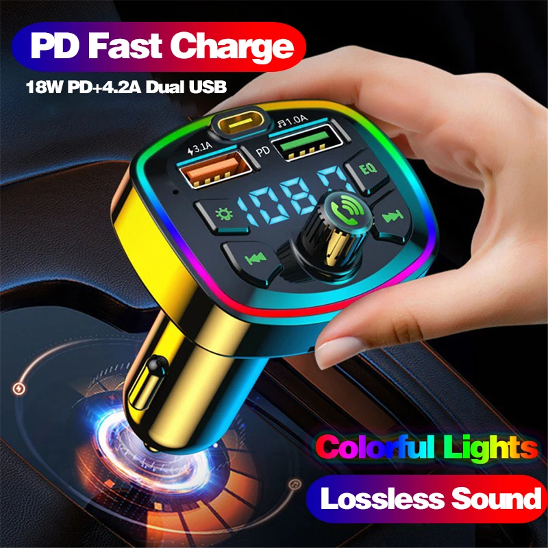 Car Bluetooth Cigar Lighter Radio FM Transmitter PD 18W Type-C Dual USB 4.2A Colorful Ambient Light Charger MP3 Music Player