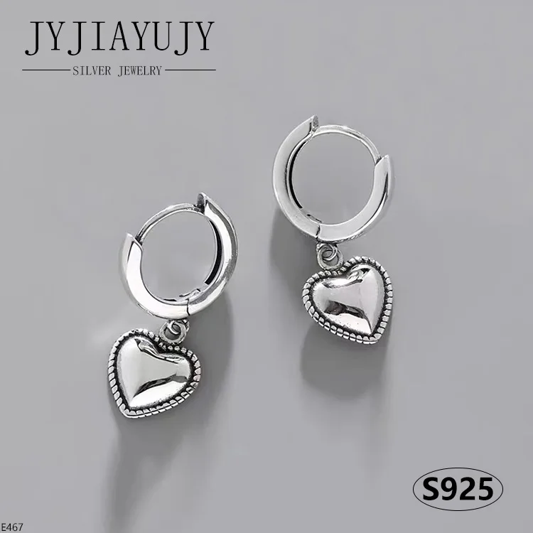 

JYJIAYUJY 100% Sterling Silver S925 Drop Hoop Earrings Vintage Heart Shape Retro Fashion Hypoallergenic Women Jewelry Gift E467