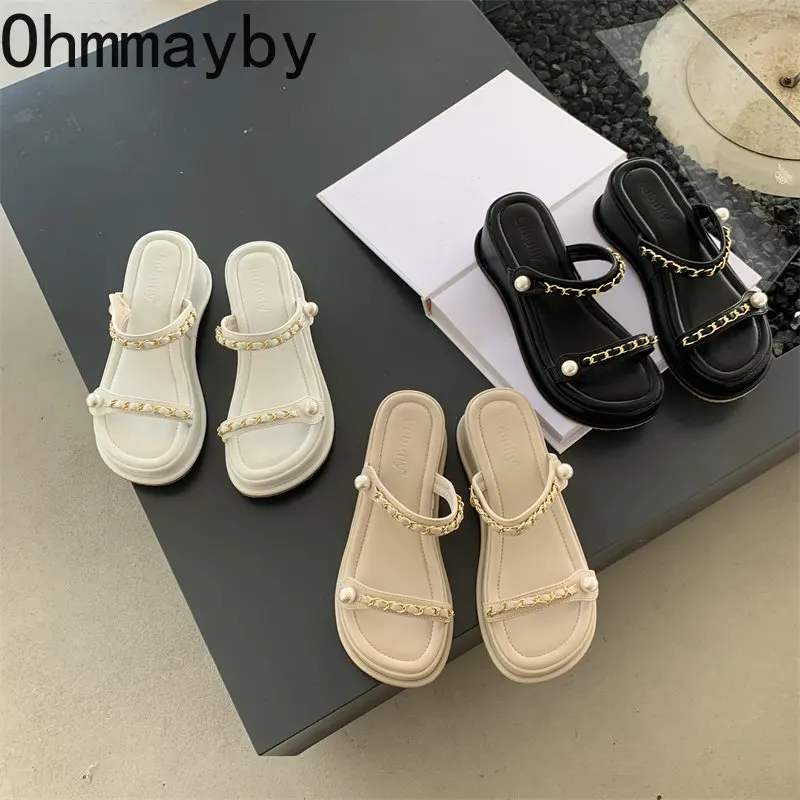 

Женские шлепанцы на танкетке, сандалии с цепочкой и открытым носком, пляжные тапочки, лето 2023