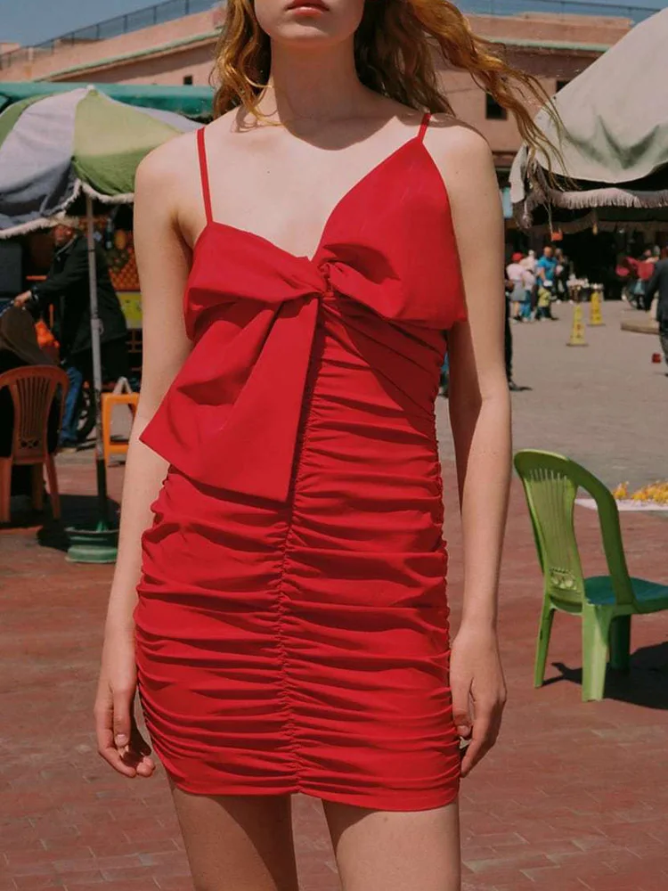 

Kumsvag 2022 Summer Women Pleated Strap Dress Casual Solid Sleeveless Bow Tie Slim Female Elegant Party Dresses Vestidos