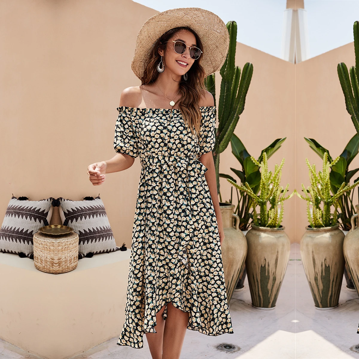

Ladies Sexy Floral Print Summer Dress Women Loose Off Shoulder Casual Ruffles Party Beach Women Dress Female Sundress Vestidos