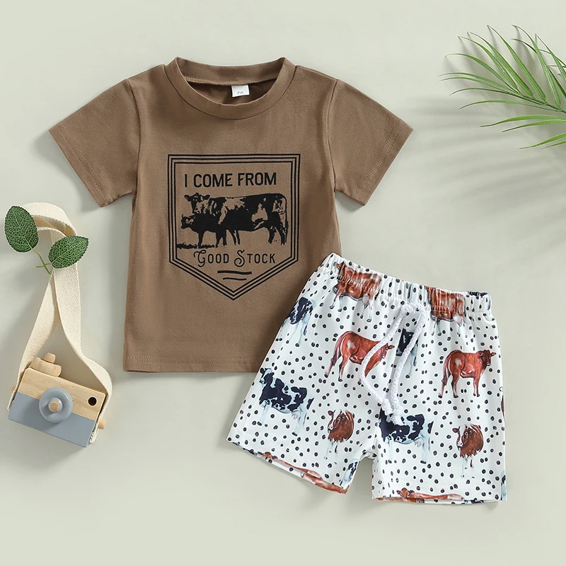 

Summer Newborn Baby Clothing Boys 2Pcs Outfits Suit Short Sleeve Cow Letter Print T-Shirt + Dots Shorts Kids Clothes
