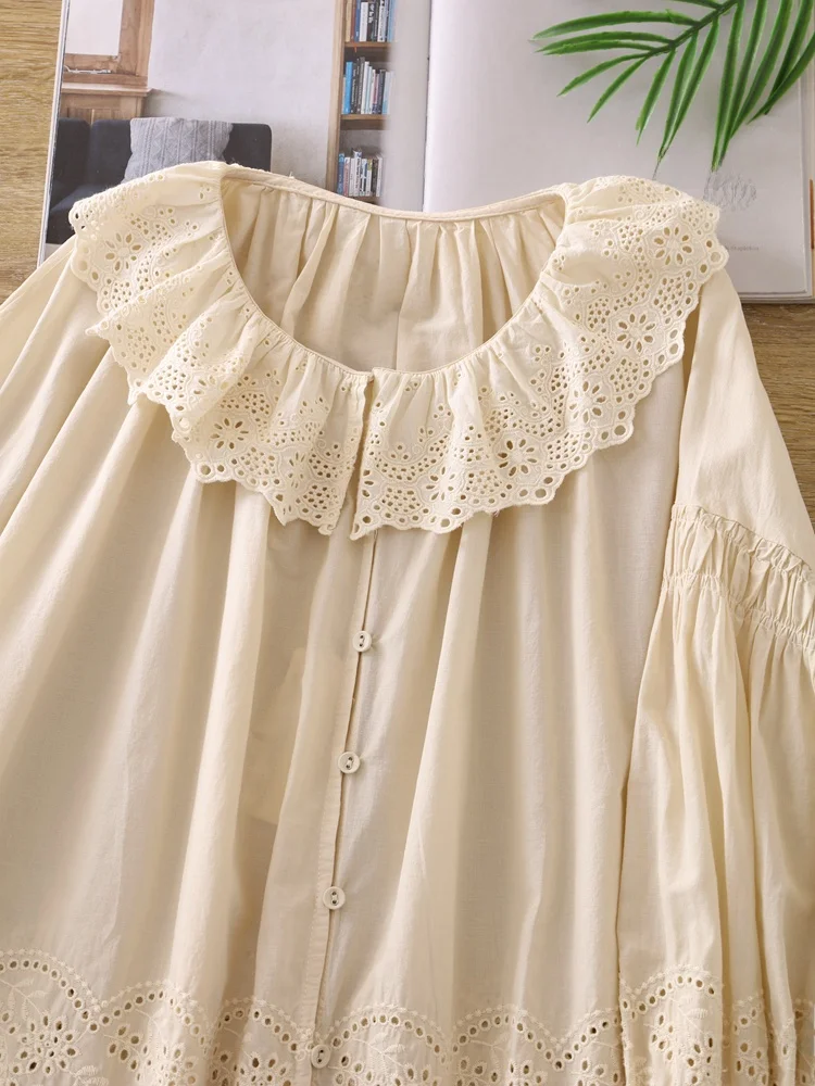 Mori Look Heavy Industry Вышивка Полый воротник в виде листьев лотоса Чистый хлопок