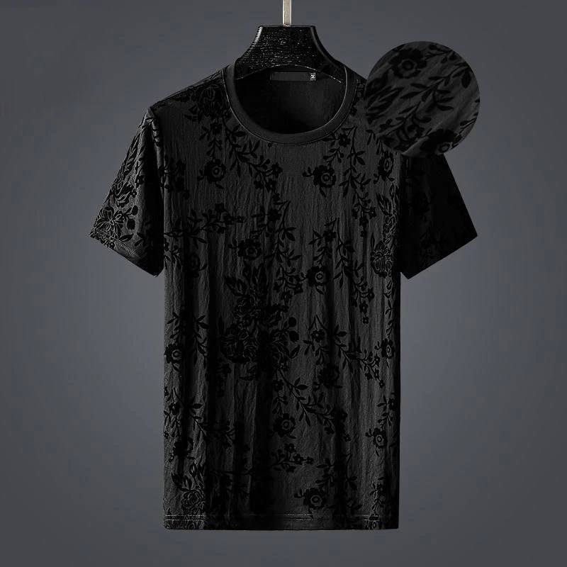 

European American style high-end flocking flower short sleeve t-shirt men's slim fit half sleeve fashion trend jacquard top