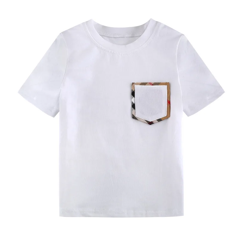 

2022 round neck boys short-sleeved plaid pocket cotton T-shirt children's casual children's clothing summer fashion 2-7years old
