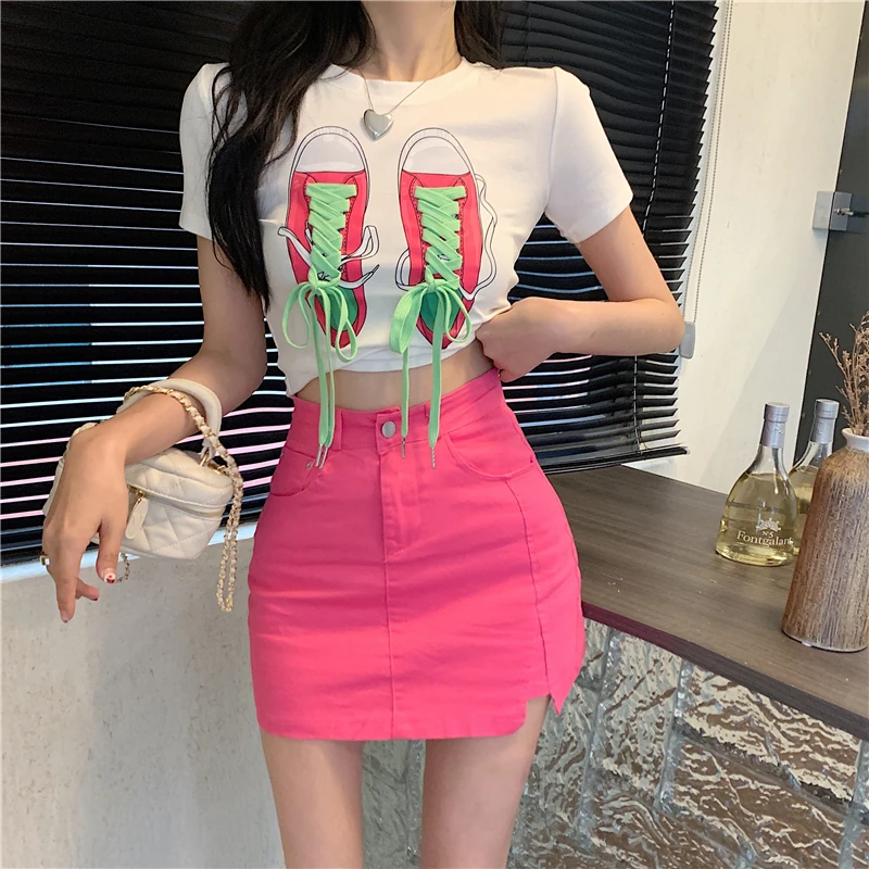 

2022 Summer Lace-up Printed Short Sleeve T-Shirt Tops + High Waist Slit Skirt 2 Piece Sets