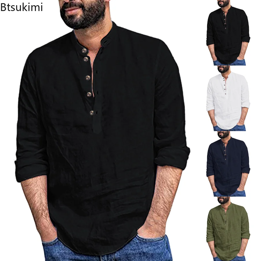 

2023 Men's Cotton Linen Long Sleeve Shirts Solid Stand Collar Loose Casual Tee Tops Shirts Male Slim Fit Spring Summer Clothing