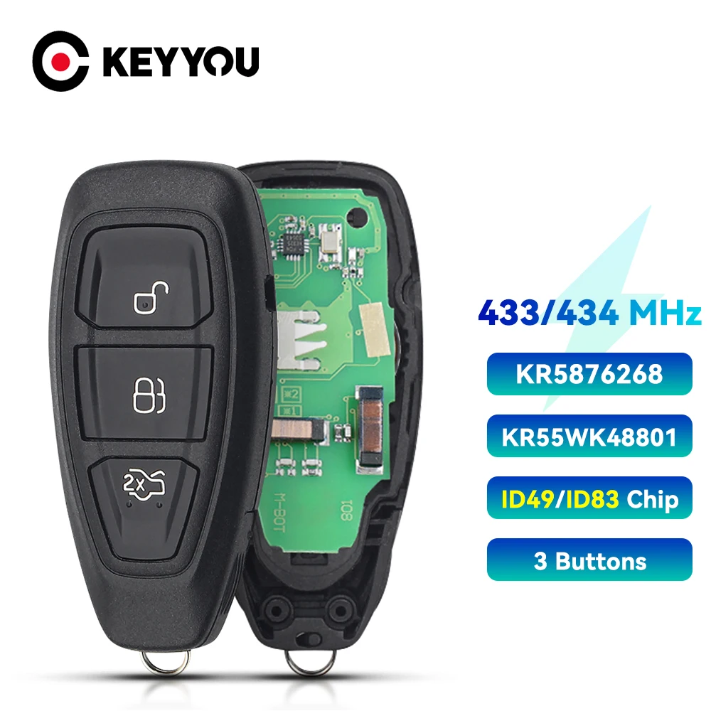

KEYYOU For Ford Focus C-Max Mondeo Kuga Fiesta B-Max Smart Remote Key Keyless 433/434Mhz ID83 Chip KR55WK48801