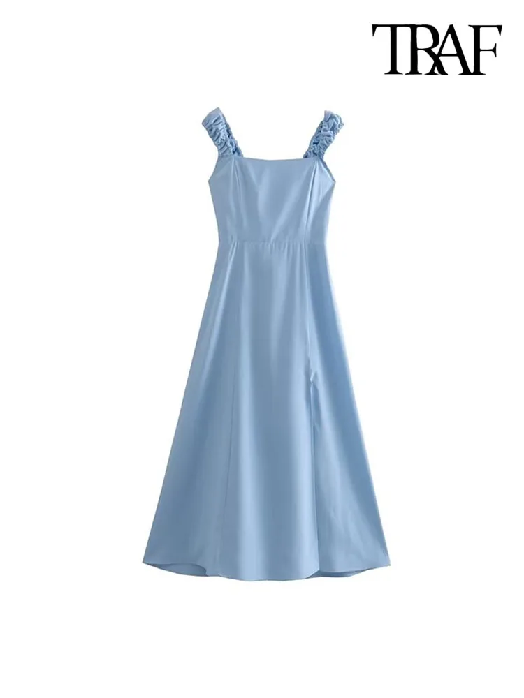 

TRAF Women Fashion With Tied Front Slit Linen Midi Dress Vintage Backless Zipper Wide Elastic Straps Female Dresses Mujer