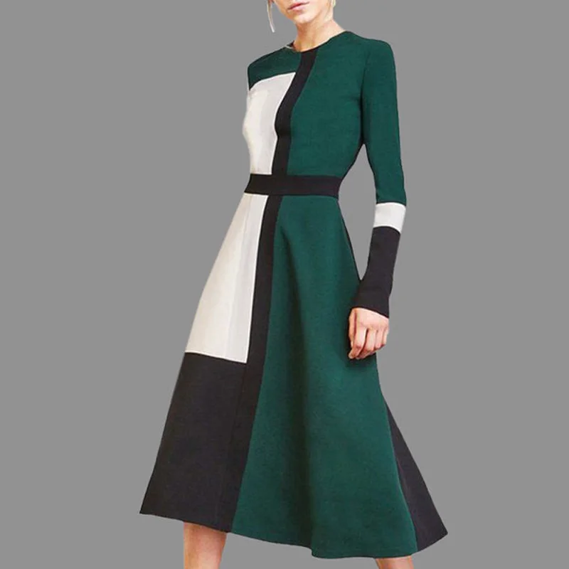

Женское офисное платье с длинным рукавом, модное контрастное винтажное праздничное платье с круглым вырезом и высокой талией, Повседневное...