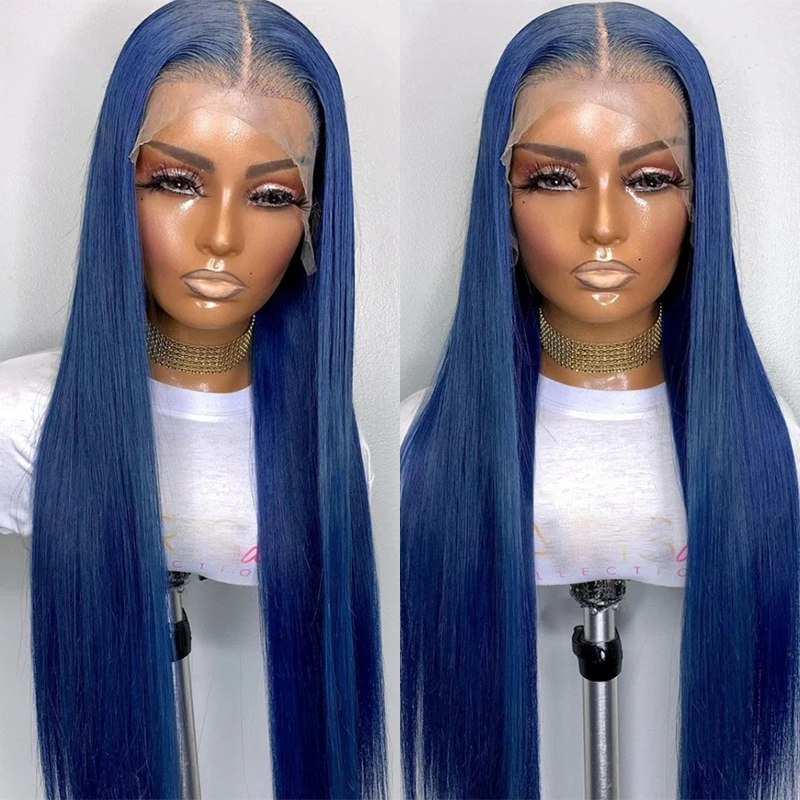 Straight Human Hair Closure Wig For Women Blue Color Lace Front Wig Human Hair Dark Blue T Part Lace Wig Brazilian Remy Glueless